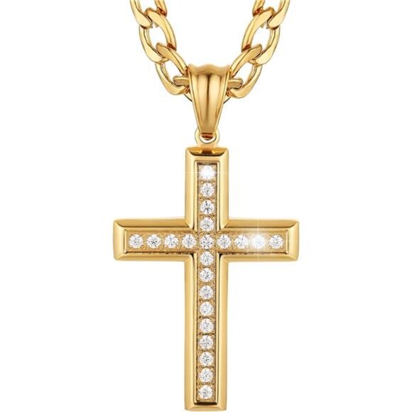 24K Gold-Plated Solid CZ Cross Necklace for Men Stainless Steel Religion
